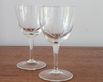 Pair of Etched Glass Sherry or Port Glasses