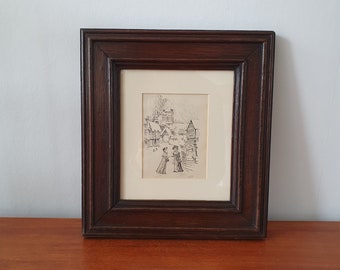 Framed Antique Pen and Ink Drawing - Winter Scene