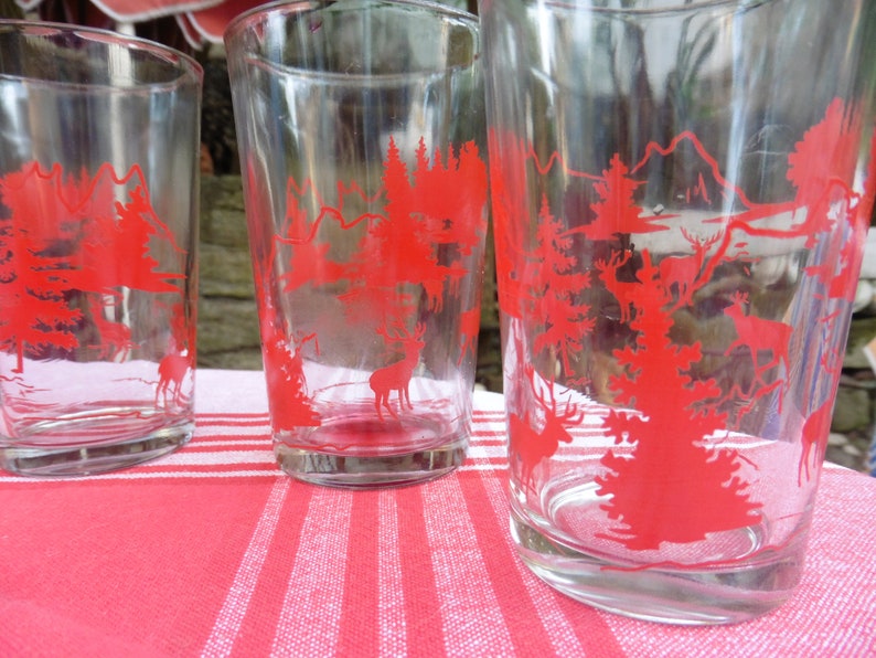 Drinking Glasses From 50s, Black Forest Motif Red Print, Very