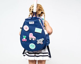 LITTLE PATCHES BACKPACK - Retro Vibes Tennis Backpack by Ame & Lulu - Monogrammed Tennis Racquet Bag for Girls Ages 4 - 8 Years