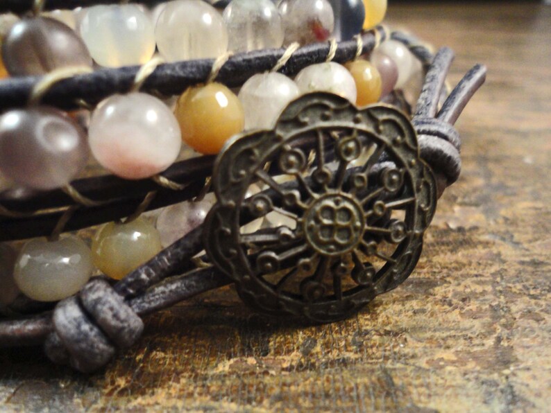 MULTI GEMSTONE LEATHER Wrap Bracelet With Victorian Brass Etsy