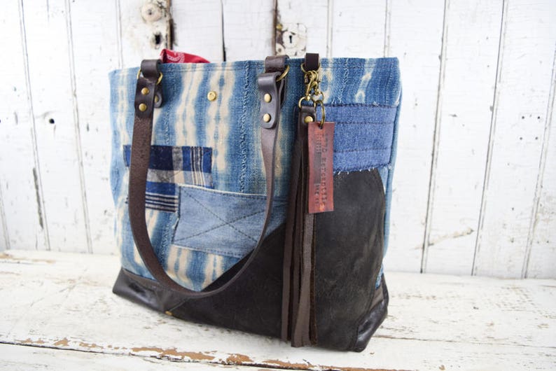 WEST AFRICAN INDIGO Mud Cloth Leather Tote Bag Purse Repurposed Antique Textiles