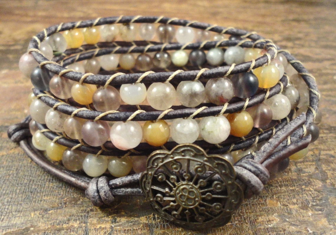 MULTI GEMSTONE LEATHER Wrap Bracelet With Victorian Brass Etsy