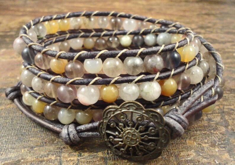 MULTI GEMSTONE LEATHER Wrap Bracelet With Victorian Brass Etsy