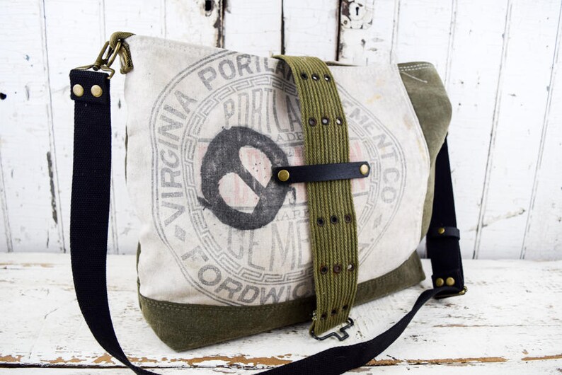 VINTAGE Repurposed Tote Bag Portland Cement Co with Military Textiles