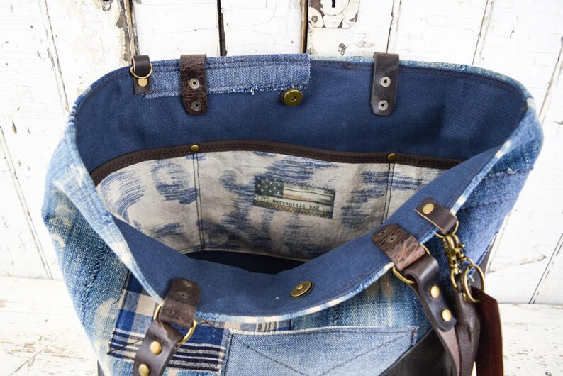 WEST AFRICAN INDIGO Mud Cloth Leather Tote Bag Purse Repurposed Antique Textiles