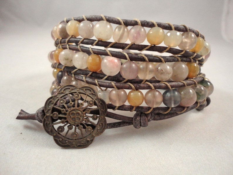 MULTI GEMSTONE LEATHER Wrap Bracelet With Victorian Brass Etsy