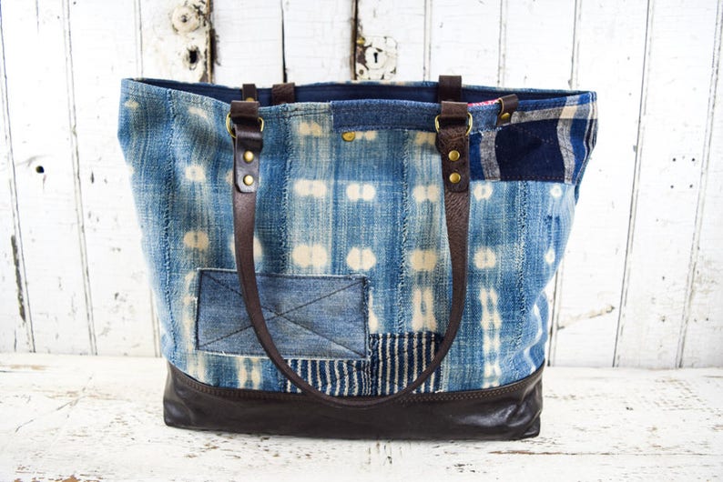 WEST AFRICAN INDIGO Mud Cloth Leather Tote Bag Purse Repurposed Antique Textiles