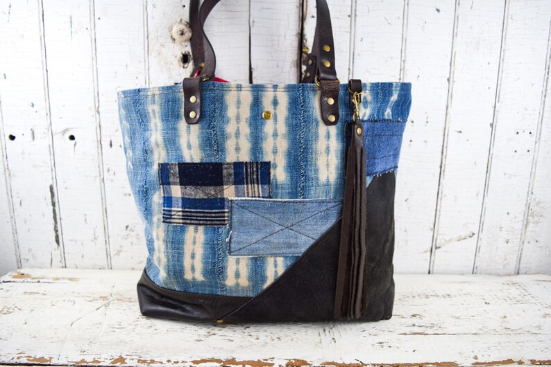WEST AFRICAN INDIGO Mud Cloth Leather Tote Bag Purse Repurposed Antique Textiles