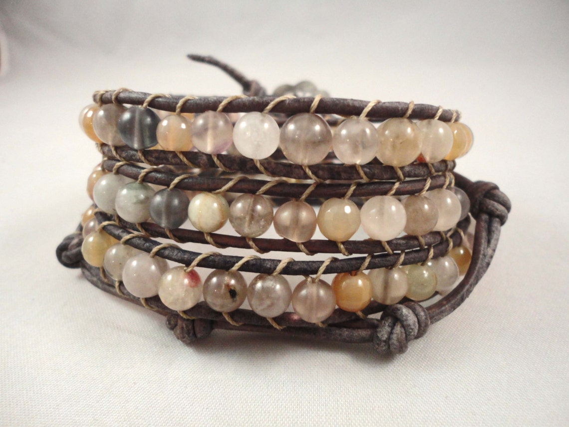 MULTI GEMSTONE LEATHER Wrap Bracelet With Victorian Brass Etsy