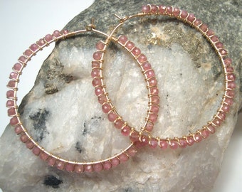 Pink Tourmaline Hoop Earrings,  Large Gold Filled Hoop Earrings, Wire Wrapped Natural Tourmaline, October Birthstone.