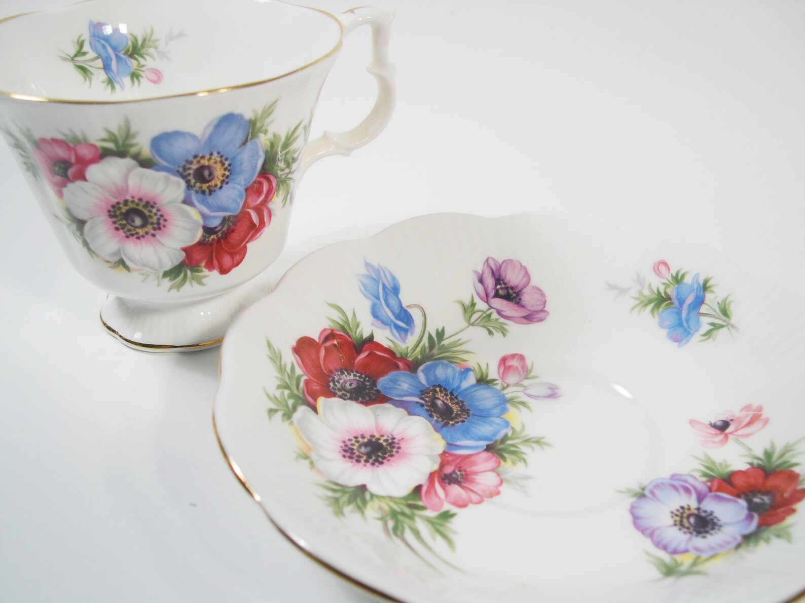 Royal Albert Tea Cup and Saucer, White With Pink, White and Blue