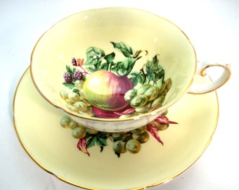 Royal Grafton Tea Cup and Saucer, Yellow Tea Cup and Saucer with Fruits.