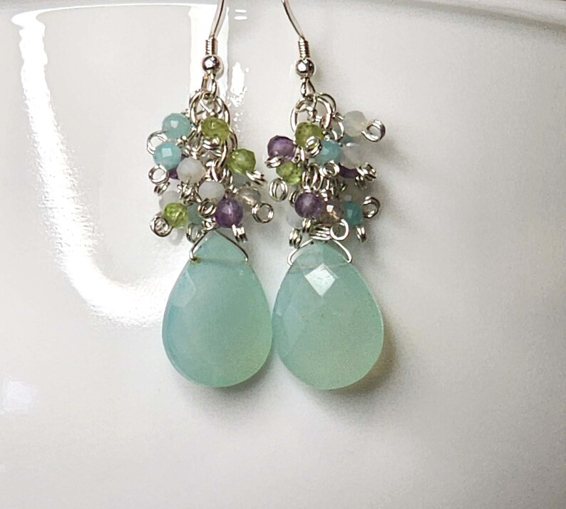 Chalcedony Cluster Earrings, Aqua Chalcedony with Multi Gemstones Earrings, Cascade Earrings, Sterling Silver, Mother's Day Gift. image 1