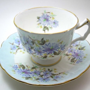 Blue Aynsley Tea Cup and Saucer,  Aynsley  tea cup and saucer with Cornflowers,  Light Blue and White Tea cup Set, English Fine bone China.