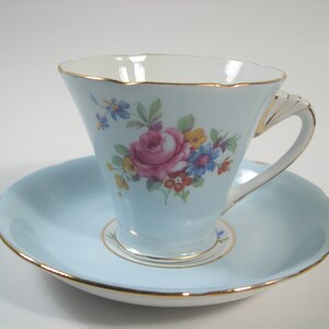 Royal Grafton  Tea Cup and Saucer,  Blue Tea Cup and Saucer, Flower bouquet and fancy handle.