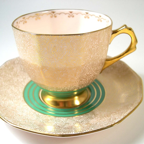 1930's  Tuscan Tea Cup and Saucer, Green and Gold  tea cup and saucer set, Heavy Gold Design.