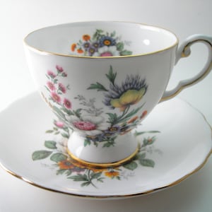 Vintage Royal Tuscan Tea Cup And Saucer, White Floral  Teacup and Saucer.