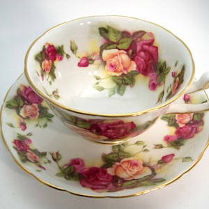 Royal Chelsea Tea Cup and Saucer, Tea cup and Saucer with Yellow and Pink Roses