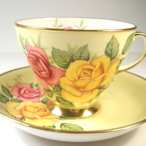 Royal Grafton Tea Cup and Saucer, Yellow Tea Cup and Saucer with Yellow and Pink Roses.