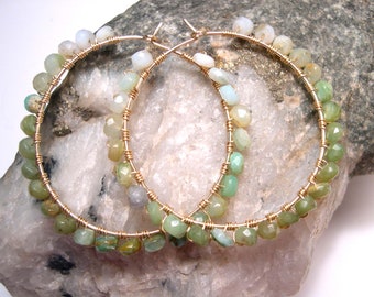 Peru Opal Hoop Earrings, Gold Filled Hoop Earrings, Green Peru Opal Earrings.