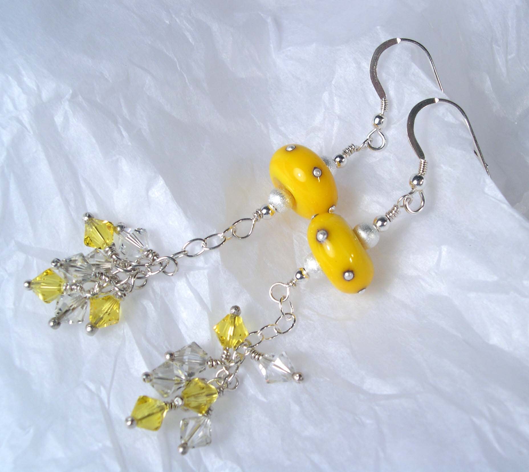 Yellow Earrings, Sterling Silver Fishhook Earrings, Silver Earrings,  Earrings, Lampwork Glass Earrings, OOAK Earrings, SDJ2012