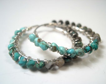 Natural Turquoise Earrings, Sterling Silver  & Natural Gemstones Hoop Earrings, 925 Sterling Silver Earrings.