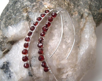 Red Garnet Threader Earrings, Wire Wrapped Gemstone, 925 Sterling Silver, January Birthstone, Threader Earrings.