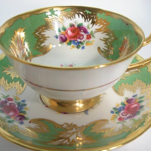 Royal Grafton Tea Cup and Saucer: Green Floral with Gold, 1949 Vintage