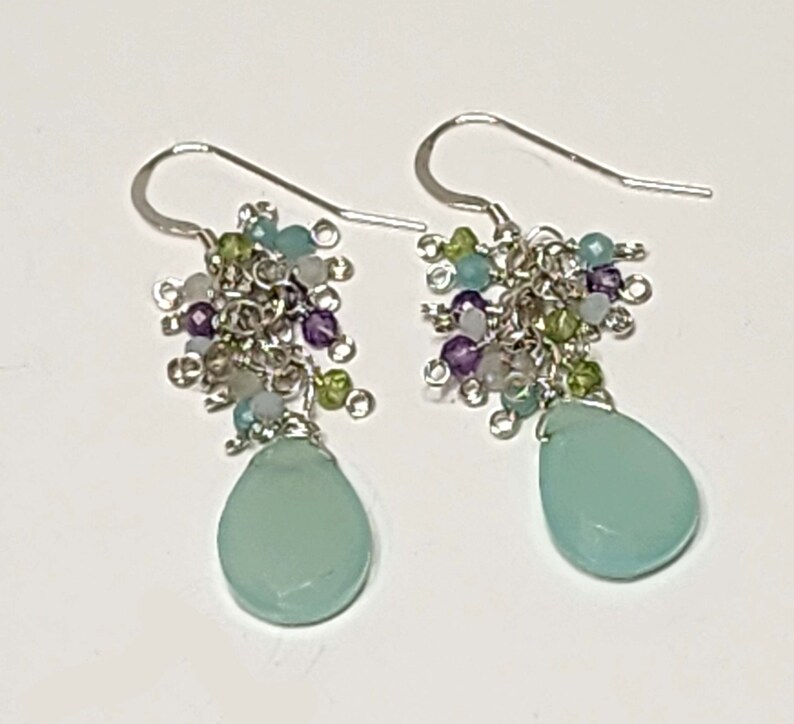 Chalcedony Cluster Earrings, Aqua Chalcedony with Multi Gemstones Earrings, Cascade Earrings, Sterling Silver, Mother's Day Gift. image 3