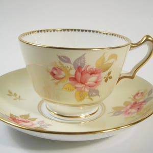 Crown Staffordshire Tea Cup and Saucer, Yellow tea cup and saucer set, Floral Teacup and Saucer.