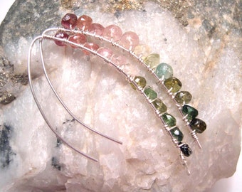 Threader Earrings with Watermelon Tourmaline, Wire Wrapped Gemstone, 925 Sterling Silver Threader Earrings, October Birthstone.