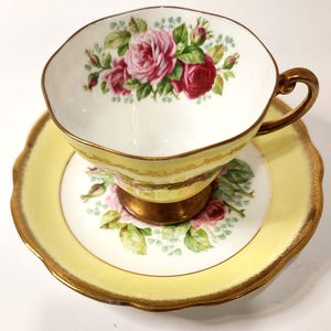 Foley Tea cup and saucer set, Yellow set with Pink Roses, E.B. Foley Teacup & Saucer, Gold Gilding.