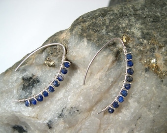 Small Threader Earrings with Lapis Lazuli, Wire Wrapped Gemstone, 925 Sterling Silver Threader Earrings.