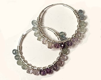 Fluorite Hoop Earrings,  Multi Color Fluorite,  25 mm Endless Hoop Earrings, Ombre Earrings, 925 Sterling Silver.