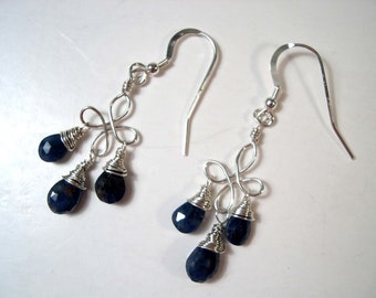 Sapphire Faceted Briolettes, Sterling Silver Earrings, September Birthstone, Handmade  Earrings.