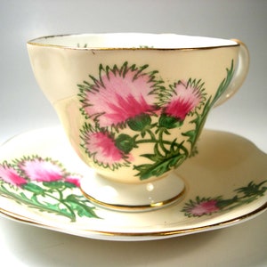 Foley Tea Cup and Saucer: Glengarry Thistle, Hand-Painted England Set