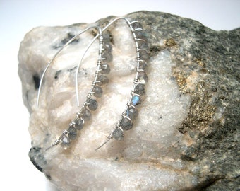 Labradorite Threader Earrings, Wire Wrapped Gemstone, 925 Sterling Silver Threader Earrings.