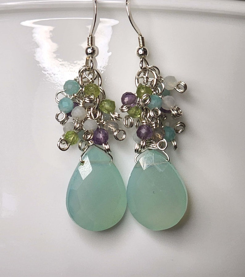 Chalcedony Cluster Earrings, Aqua Chalcedony with Multi Gemstones Earrings, Cascade Earrings, Sterling Silver, Mother's Day Gift. image 6