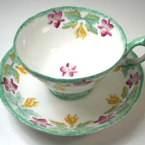 Hammersley Floral Teacup and Saucer: Hand Painted, Green Trim, 1939 Vintage
