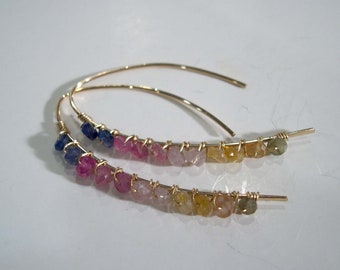 Multi Color Sapphire Threader Earrings, Wire Wrapped Gemstone, Gold Filled, September Birthstone, Threader Earrings.