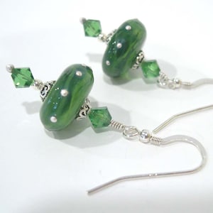 Sterling Silver Earrings with Lampwork Bead, Green Earrings with Swarovski crystals.