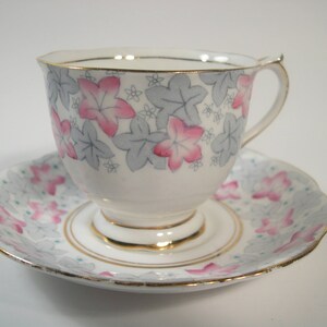 Antique Royal Albert Tea Cup and Saucer: Pink Flowers, Gray Leaves