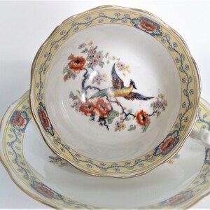 Royal Albert Bird od Paradise Tea Cup and Saucer, 1920's Royal Albert hand painted teacup and saucer set. image 1