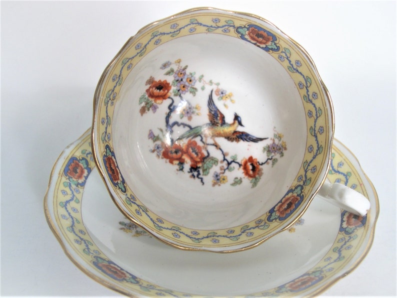 Royal Albert Bird od Paradise Tea Cup and Saucer, 1920's Royal Albert hand painted teacup and saucer set. image 1