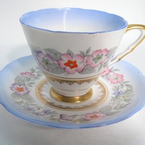 Royal Stafford Tea Cup and Saucer, Blue tea cup and saucer set,  Floral Hand Painted Teacup and saucer.