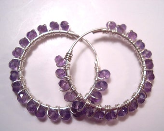 Amethyst Earrings, Sterling Silver  & Natural Gemstones Hoop Earrings, February Birthstone,  925 Sterling Silver Earrings.