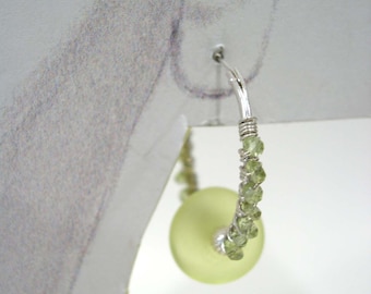 Hoop Earrings with Peridot and green Frosted Lampwork Bead, Sterling Silver Hoop Earrings August Birthstone.