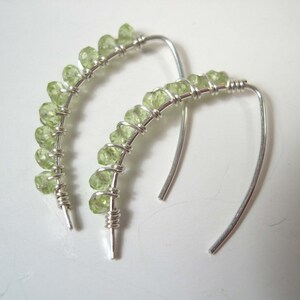 Small Threader Earrings with Peridot, Wire Wrapped Gemstone, 925 Sterling Silver Threader Earrings, August Birthstone.