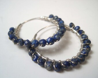 Lapis Lazuli Earrings, Sterling Silver  & Natural Gemstones Hoop Earrings, 925 Sterling Silver Earrings.